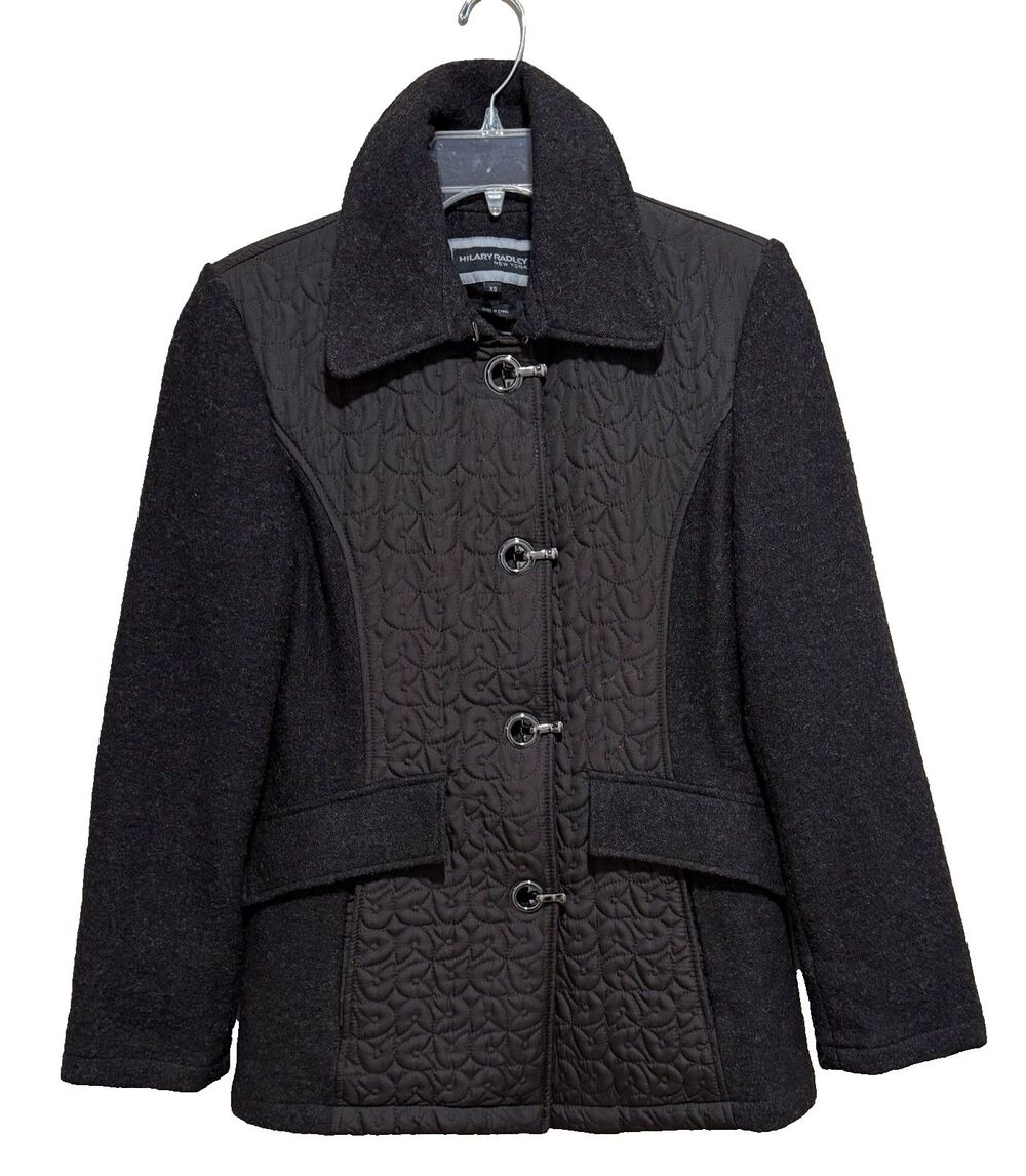 Hilary Radley Womens XS Brown Wool Blend Toggle Front Quilted Panel Peacoat Coat